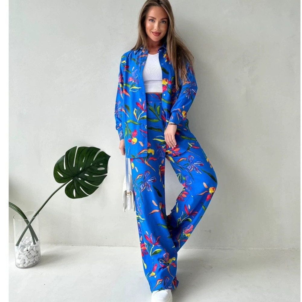 Trendy Vibrant Print Plus Size Tie Front Loose Shirt and Straight Leg Pants Set